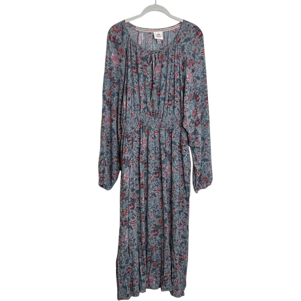 Knox Rose Womens Maxi Dress XXL Blue Floral Smocked Crinkle Tassel Boho